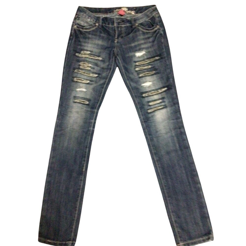 Almost Famous Distressed Skinny Jeans Womens 5 Blue Y2K Grunge Shredded Denim